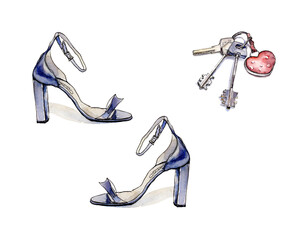 background design with ladies shoes and a key  chain with keys. watercolour hand drawn illustration  