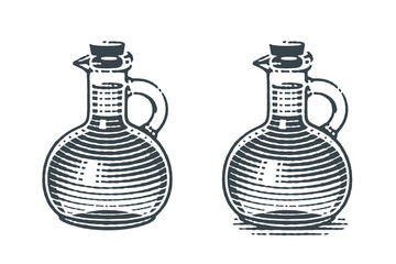 Olive oil jar. Hand drawn engraving style illustrations. Vector illustration.
