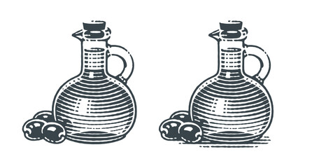  Olive oil jar and olives. Hand drawn engraving style illustrations. Vector illustration.