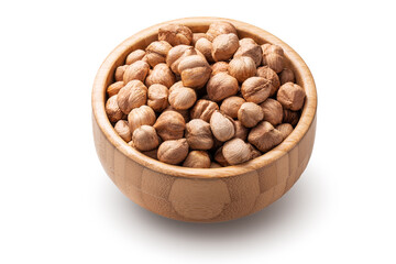 Hazelnuts in wooden bowl on white background. Raw nuts isolated.