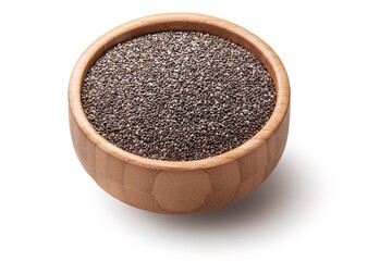 Chia seeds in wooden bowl isolated on white background.