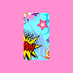 Case on the phone with bright picture, fashionable colors. Comics book style. Pop art design template phone cover. Hand drawn vector illustration.