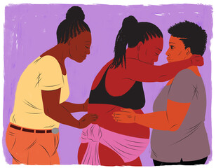 Two doulas assisting a pregnant woman during childbirth labor - obrazy, fototapety, plakaty