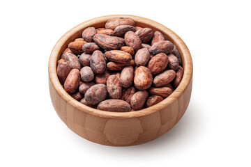 Cacao beans in wooden bowl isolated on white background