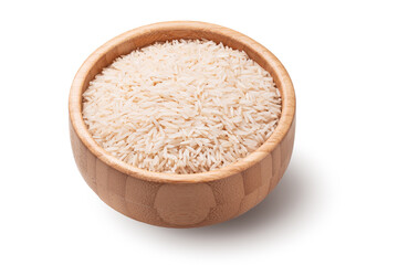 Basmati long rice in wooden bowl isolated on white background