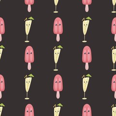 cute summer pattern for kids - ice cream and a glass of juice on dark background