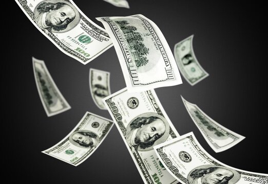 Us dollar. American money, falling cash. Flying hundred dollars on black background