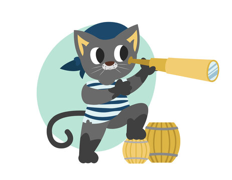 Pirate cat looking through spyglass. Anthropomorphic animal in flat style