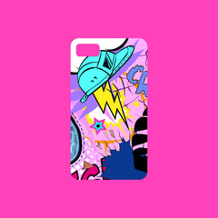 Case on the phone with bright picture, fashionable colors. Comics book style. Pop art design template phone cover. Hand drawn vector illustration.