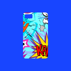 Case on the phone with bright picture, fashionable colors. Comics book style. Pop art design template phone cover. Hand drawn vector illustration.