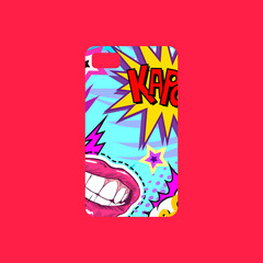 Case on the phone with bright picture, fashionable colors. Comics book style. Pop art design template phone cover. Hand drawn vector illustration.
