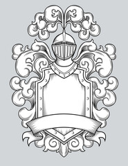 Graphic Art Line Drawing of Heraldic Coat of Arms. Shield with Helmet, Plume and Ribbon. Engraving Style Layout for Emblem or Logo. Black and White Isolated Vector Illustration.