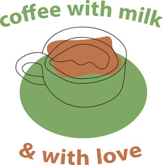 Drawing with one line of a cup of coffee standing on a green saucer and the inscription along the contour of the drawing in green and brown without using italics 