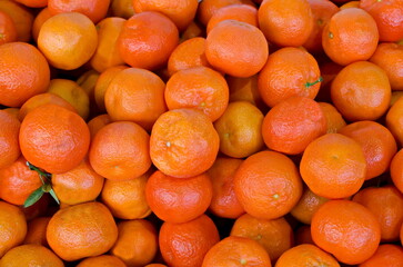 Background from a pile of fresh, ripe, tangerine fruits, Sofia, Bulgaria  