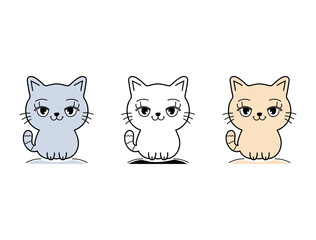 Cartoon cats illustration in white, gray, and peach. Flat style design for greeting card, poster, web, sticker, logo, children book, and nursery. Kitten pet animal set isolated on white background.