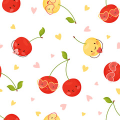 Valentine s Day seamless pattern. Cute cartoon cherry with heart glasses. Vector illustration. White background.