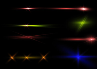 Laser beams, horizontal light beams. Beautiful light flashes. Glowing stripes on a dark background in the form of a star. Glowing abstract glitter background with lined.