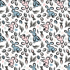 Vector illustration of seamless background of rabbits and eggs and carrots for Easter holiday on white background