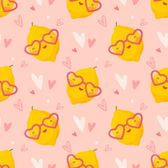 Valentine s Day seamless pattern. Cute cartoon lemon with heart glasses. Vector illustration.