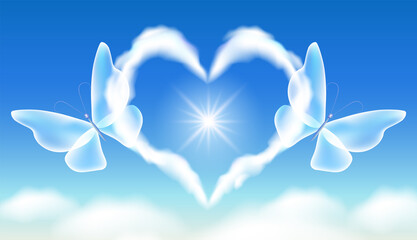 Fototapeta na wymiar Valentine day greeting card with cloud heart, sun and two butterflies in blue sky with clouds.