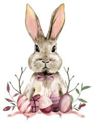 Watercolor Easter Bunny with Branches, leaves and Easter Eggs