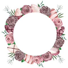 Fototapeta na wymiar Watercolor round frame with watercolor roses, leaves and Easter eggs