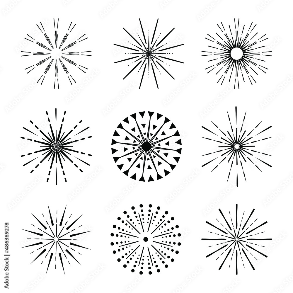 Poster festive fireworks black lines collection. vector set of explosion rays design elements. abstract bur