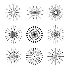 Festive fireworks black lines collection. Vector set of explosion rays design elements. Abstract burst contour firecracker pattern.