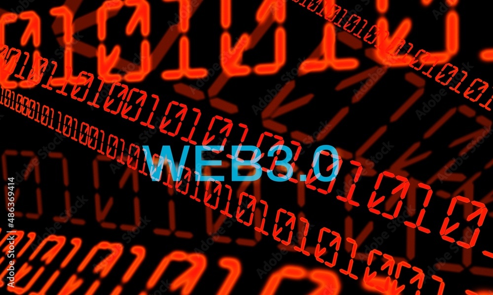 Poster binary codes on screen and web3.0 word, new decentralized internet, smart contract and digital owner