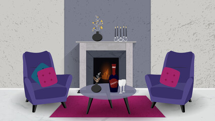 Room with a fireplace and armchairs. Vector illustration of interior design.