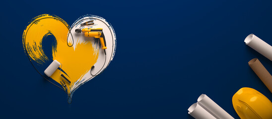 A symbolic heart made of a drill wire and construction tools on a blue background. A greeting card for the Builder's Day, Labor Day and similar professional holidays or a Valentine's Day. 3D render.