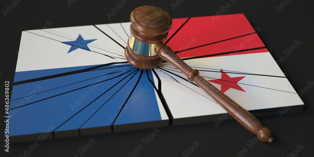 Poster broken block with flag of panama and judge's gavel. conceptual 3d rendering
