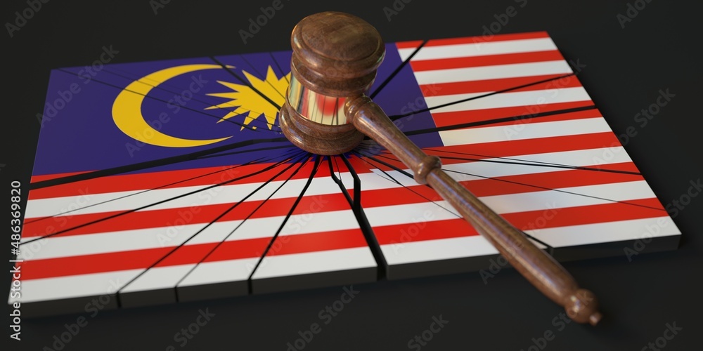 Poster judge's gavel and broken block with flag of malaysia. conceptual 3d rendering
