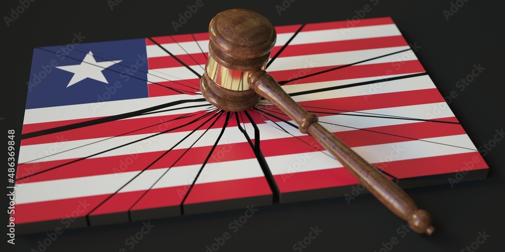 Poster broken block with flag of liberia and judge's gavel. conceptual 3d rendering