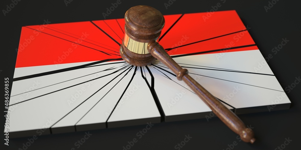 Poster broken block with flag of indonesia and judge's gavel. conceptual 3d rendering