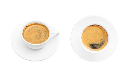 Black coffee with foam in a white cup on plate, isolated at white background