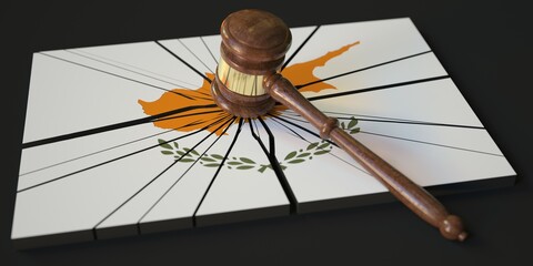 Broken block with flag of Cyprus and judge's gavel. Conceptual 3d rendering