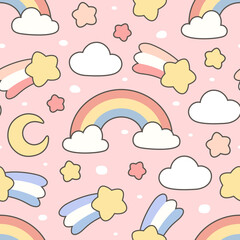 Rainbow, Sun, Moon, Cloud and Stars Cute Seamless Pattern, Cartoon Vector Illustration, Cartoon Background