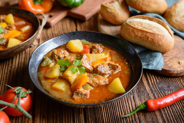 Beef and pork goulash with potato and pepper
