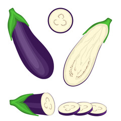 three-dimensional pattern of eggplant, eggplant cut in half, sliced into circles, isolated on a white background - obrazy, fototapety, plakaty