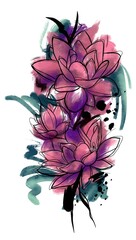 illustration of bright flowers with black outline in a watercolor style