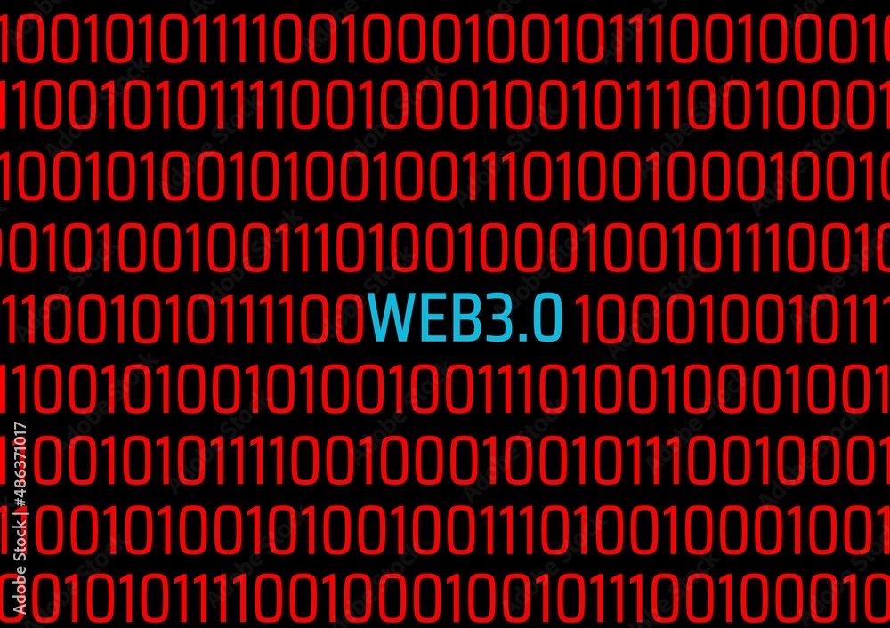Poster binary codes on screen and web3.0 word, new decentralized internet, smart contract and digital owner