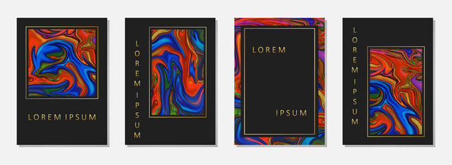Obraz premium Cover design set. Luxury black background with watercolor inserts, grunge marble texture, vertical templates with place for text. Actual design for brochure, catalog, book, poster, flyer.