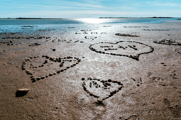une multitude de cœurs de galets répartis sur une plage avec la mer au fond - 486371082