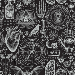 Abstract hand-drawn seamless pattern on a theme of occultism, satanism and witchcraft in vintage style. Monochrome vector background with ominous sketches. Chalk drawings on a black backdrop - 486371854