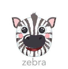 Zebra Cute portrait with name text smile head cartoon avatar round shape animal face, isolated vector icon illustrations on white background. Flat simple hand drawn for kids poster, ui app, baby