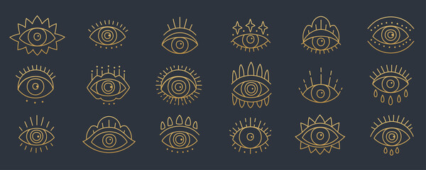 Line art icon set of evil seeing eye. Gold mystic esoteric amulet talisman signs in linear style. Hand drawn various Turkish symbol eye talismans. - 486373808