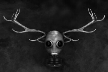 Deer antlers portrait wearing a gas mask , isolated black white background , abstract animal 