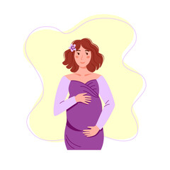 Beautiful smiling pregnant woman with short hair hugs her pregnant belly. Woman expecting a baby. Happy mom is expecting a baby. Young happy future mom. Vector illustration in cute cartoon style.