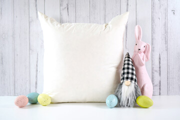 Throw pillow cushion product mockup. Happy Easter farmhouse theme SVG craft product mockup styled...